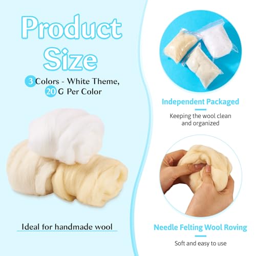 Image of Magibeasd 2.12 oz Wool Roving for Needle Soft Chunky Felting Nature Wool Yarn Kit for Beginners Felted Handmade Crafts DIY Materials Hand Spinning Supplies Beige White