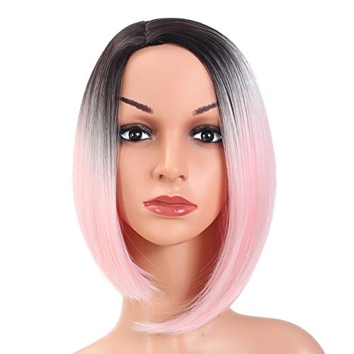 QsuF Hair 12" Short Straight Bob Wig Synthetic Wig Ombre Pink Wig Fashion for Women (Pink)