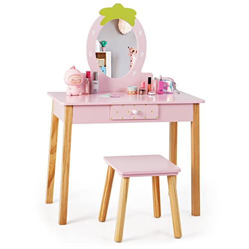 RELAX4LIFE 2 in 1 Toeletta Trucco in Legno per Bambina, Centro di Bellezza, Set Tavolo da Trucco con Specchio Rimovibile, Ideale per Bambini dai 3 ai 7 Anni