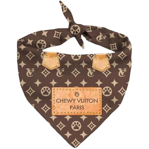 Chewy Vuiton Dog Bandana Designer Fashion Scarf Kerchief for Small Medium and Large Dogs, Funny Parody Gift for Girl or Boy Dog, Soft Durable Fabric, Adjustable Tie-On Style Triangle