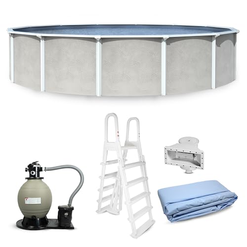 Blue Wave Belize 24-ft Round 52-in Deep Hard Sided Steel Frame Above Ground Pool with 6-in Steel Top Seats Dual-Speed Sand Filter System Ladder Skimmer & Liner 12 600 Gallon Cap for Family Use