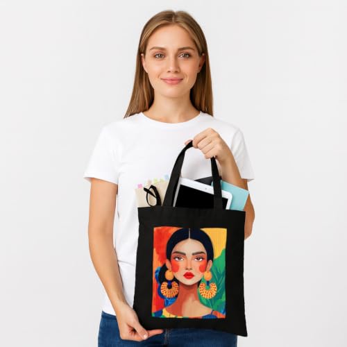 Image of Black Tote Bag With Pocket Printed Designed Canvas Tote Bags For Women large capacity,Tote bag For Shopping, College, Travel, More Canvas Handbag For Unisex Bag