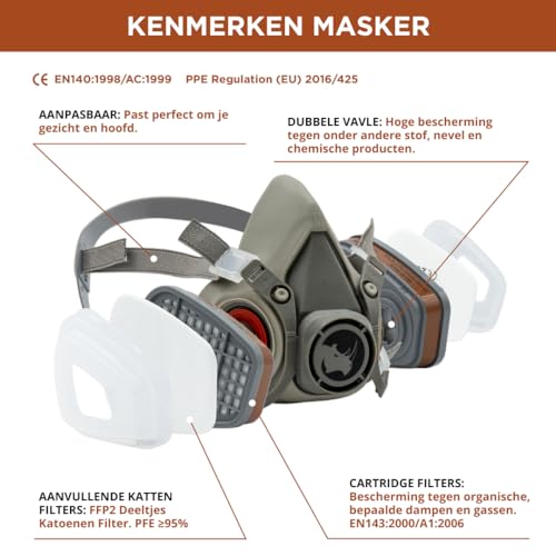 RHINO Gezichtshoes voor verf, stof, deeltjes, chemicaliën, polijstmachine, organische stoom, pollen en chemicaliën, met wattenfilters - Afbeelding 4