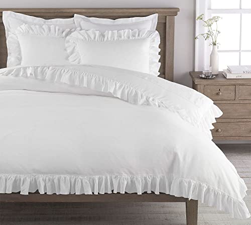 Kotton Culture 100% Egyptian Cotton Ruffle Trim Fringe Duvet Cover Set (1 Duvet Cover & 2 Pillow Shams) 600 Thread Count Frilled Bohemian Bedding (Queen/Full, White)