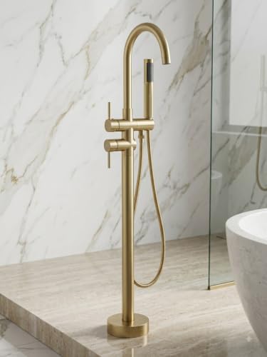 Image of Aquieen Freestanding Bathtub Filler Faucet with Hand Shower - Luxury Floor Mounted Bath Tub Tap for Modern Bathrooms | Hotels (Brushed Gold)