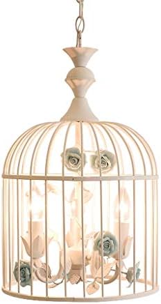 Huioo Creative Iron Bird Cage Chandelier White Rural Style Restaurant Ceramic Roses Light Stairs Single Head Chandelier Clothing Store Bedroom LED Ceiling Lamp (Color : Blue)