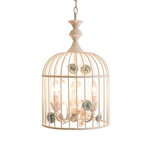Huioo Creative Iron Bird Cage Chandelier White Rural Style Restaurant Ceramic Roses Light Stairs Single Head Chandelier Clothing Store Bedroom Led Ceiling Lamp (Color : Blue) #TOP1