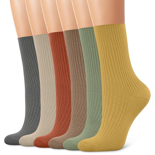 CHARMKING 6 Pairs Womens Crew Socks Cute Casual Athletic Socks Aesthetic Neutral Cotton Socks for Women（Assorted 2,5-9