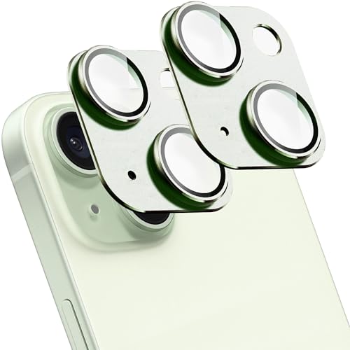 SHANG PIN JIA 2 Pack Camera Lens Protector for iPhone 15/15 Plus,[Not Easy to Breakn ] AR Tempered Glass Strong Adsorption Metal Camera Cover Screen-Light Green