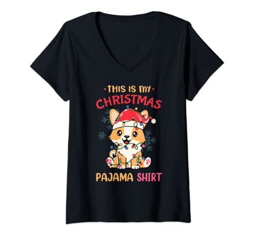 Mujer This is My Christmas Pijama Shirt Kawaii Corgi Dog Christmas Tee Camiseta Cuello V