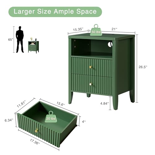 Image of Fluted Nightstand with Charging Station Set of 2, 21 inch Wide Modern Bedside Table with 2 Drawers & Open Shelf, Wood End Table with Storage & Metal Handle for Bedroom, Small Spaces, Green