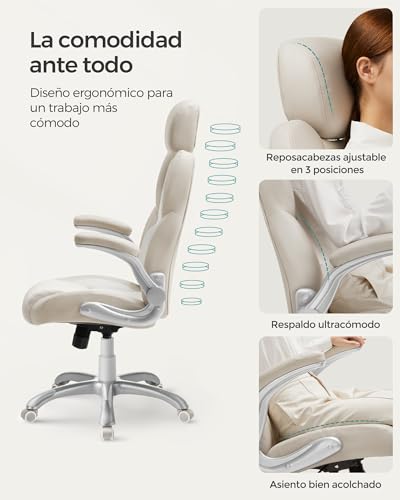 Miniatura 4 de Songmics Silla De Oficina, Silla Gaming, Reposacabezas Ajustable, Función Basculante, Silla De Escritorio, Reposabrazos Ajustables, Ruedas Universales, Altura Regulable, Color Crema Obg065w02