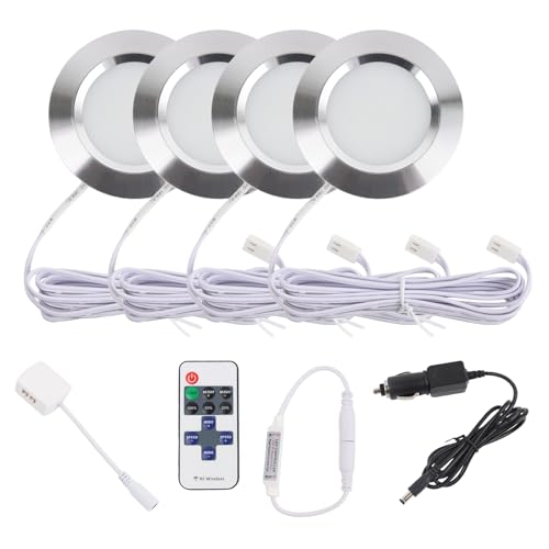 Sepzlly 4 Stück 12V LED Einbaustrahler Wohnmobil Dimmbar mit Fernbedienung 3W 6000K Kaltweiß Silber Innenraumleuchten für Campervan VW T4 T5 Boot
