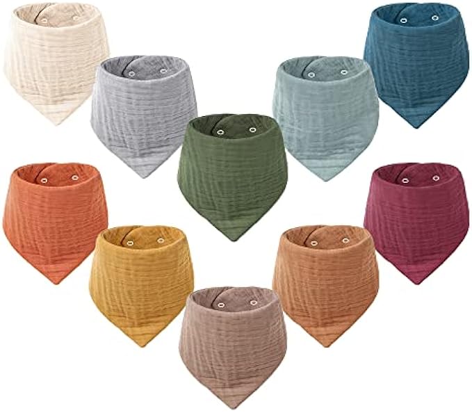 Konssy Muslin Baby Bibs 10 Pack Baby Bandana Drool Bibs 100% Cotton for Unisex Boys Girls, 10 Solid Colors Set for Teething and Drooling
