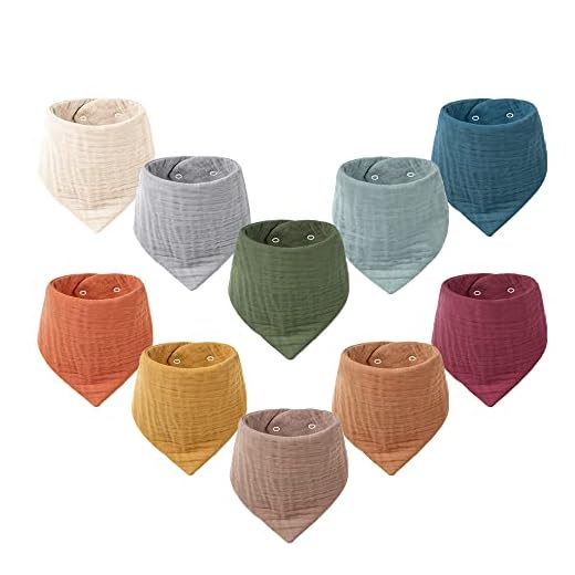 Konssy Muslin Baby Bibs 10 Pack Baby Bandana Drool Bibs 100% Cotton for Unisex Boys Girls,10 Solid Colors Set for Teething Drooling
