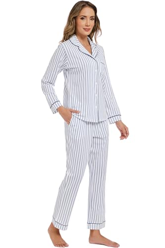 Image of LUBOT 100% Cotton Pajamas for Women Pajama Set 2 Piece PJ Sleepwear Set Soft Ladies Button Knit Long Sleeve Loungewear XS-XXL