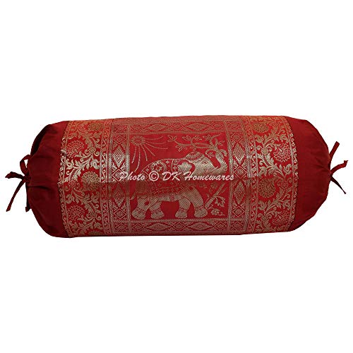 Dk Homewares Indian Jacquard Brocade Silk Bolster Throw Pillow Covers Elephant Maroon Yoga Masand Home Decor Living Room Cylindrical Hotdog Traditional Throw Cushion Cover 76X38 Cm - 1 Pc #TOP15