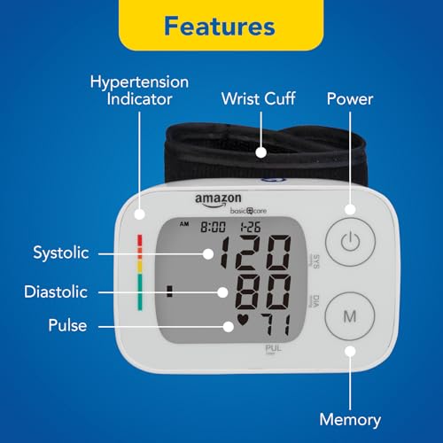 Amazon Basic Care Wrist Blood Pressure Monitor - Digital BP Monitor with Large Display and Intelligent Inflation Technology view 4