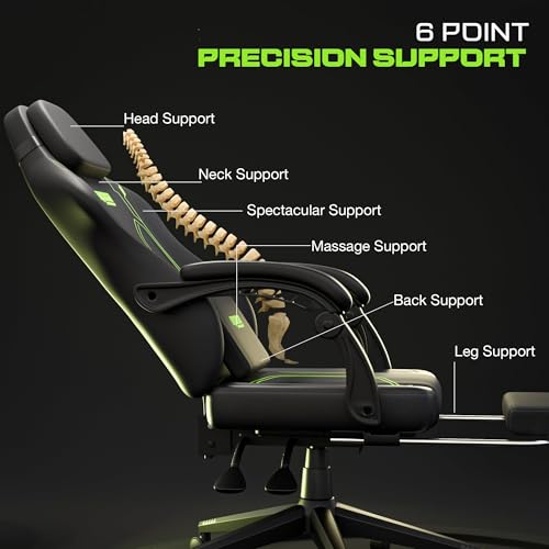 Image of DROGO Phantom Ergonomic Gaming Chair with Premium PU Leather Fabric, Linkage Armrest, Adjustable Neck & Lumbar Pillow | Computer Chair for Study | Home & Office Chair with Recline (Black /Green)