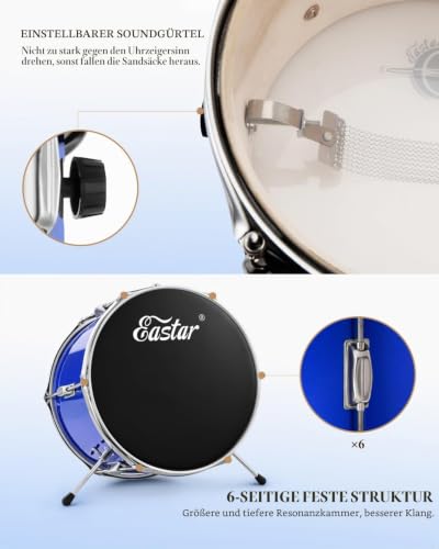 Eastar Schlagzeug 14\ 3 PC, für 3-10 Jahre Kinde, Schlagzeug Set mit Snare, Tom, Bass Drum, Bass Drum Pedal, Thron, Becken, Drumsticks, Spiegel Blau