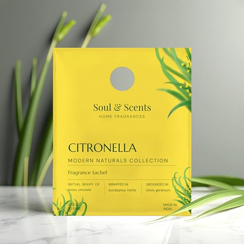 Image of Soul & Scents Citronella Fragrance Sachet | Uplifting Blend of Lemon, Citronella & Herbs | Long-Lasting Air Freshener for Car, Wardrobe, Kitchen, and Travel Bag | Pack of 3-20gm Each