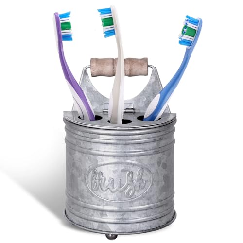 Autumn Alley Farmhouse Toothbrush Holders for Bathrooms - Rustic Galvanized Tooth Brush Holder - Farmhouse Bathroom Accessories Country Decor, Toothpaste & Electric Kids Toothbrush Compartment, Grey