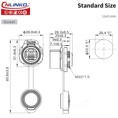 CNLINKO LP-20 RJ45 Panelmontage-Buchse, CAT6 Ethernet Connector RJ45 Einloch-Buchse IP68 M20 wasserdichter Anschluss (Schwarze RJ45 Einloch-Buchse)