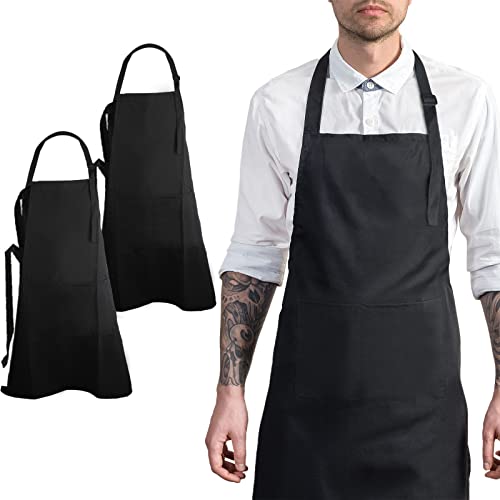 2 pack Adjustable Bib Apron, Waterdrop Resistant, Extra Long Neck Tie With 2 Pockets, Durable Chef Apron For women and Men Cooking Kitchen, Grilling, BBQ Drawing, Waitress Apron - Unisex, Black