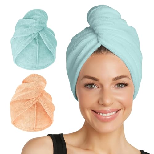 Image of Turbie Twist 2-Pack Microfiber Hair Towel for Beauty, Travel, Gifting - Hair Wrap Turban for Straight, Wavy & Curly Hair - Premium Personal Care - Bermuda & Peach