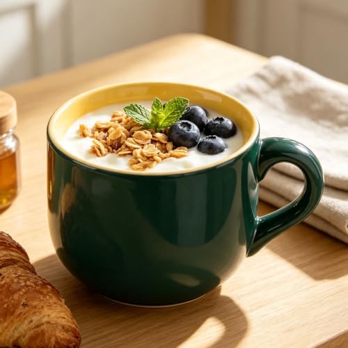 Arawat 21oz Green Soup Mugs Microwave Safe with Handles Spoon and Coaster Large XXL Coffee Mugs Soup Mug Big Ceramic Tea Cups Cappuccino Cup Gift Birthday Gifts for Women and Men Large Mug