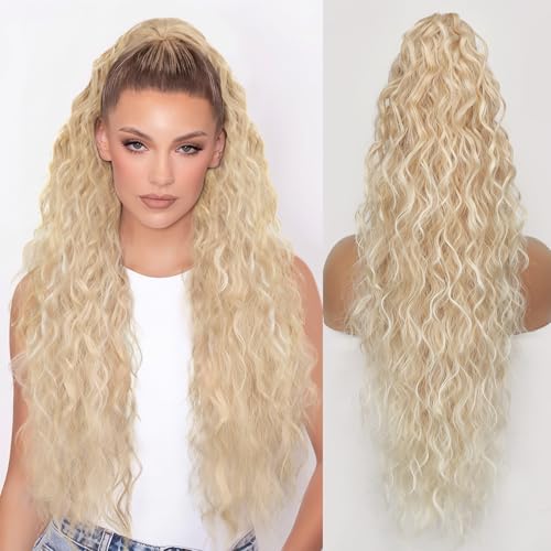 Isaic 30 Inch Claw Clip Ponytail Extension – Volumizing Wavy Hairpiece for Thin Hair, Natural Looking Synthetic Ponytail for Daily Use (Ombre Blonde Highlight T22/613#)
