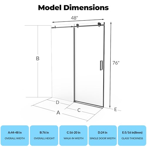 Image of GarveeTech 44-48 inch W x 76 inch H Frameless Sliding Shower Door,5 /16 inch Thick Tempered Clear Glass with Explosion-Proof Film,Easy-to-Clean Coating,Handle and Seal Strip, Matte Black