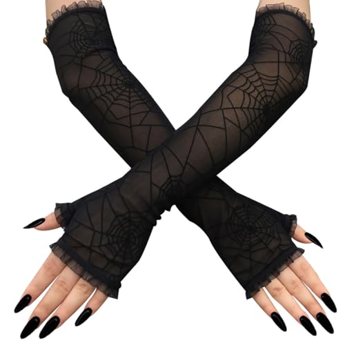 CUNGGI Halloween Spider Web Fingerless Gloves for Women, Black Gothic Lace Arm Sleeves Warmers Long Witch Gloves Costume Accessories for Party Cosplay