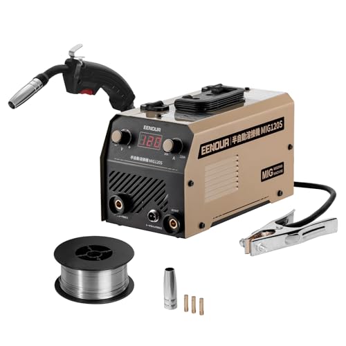 EENOUR 半自動溶接機 【日本溶接協会加入済】 MIG120S 最大出力120A ノンガスMIG溶接 液晶表示 インバーター搭載 スパッタ少ない 100V専用 ノンガス溶接機 電流·電圧調整可能 定格使用率30% 小型 軽量 家庭用 初心者向け 軟鋼、炭素鋼、鋳鉄等に対応 簡単な修理 家具・雑貨のDIYに大活躍