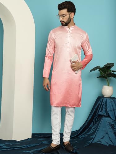 Image of SOJANYA (Since 1958, Men's Jacquard Silk Multi Shade Sequinned & White Pyjama Set