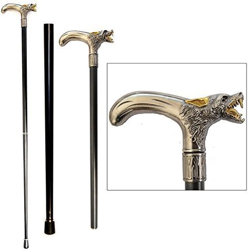 Stately Walking Stick Pewter-Look Metal Snarling Wolf Head 2-Piece Cane by Sigma Impex