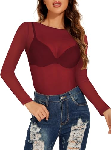 Gosunny Top da Donna in Maglia Trasparente a Maniche Lunghe, Top Sheer in Rete, Tops Trasparenti per Clubwear, Colore: rosso, M