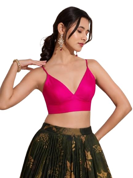 Womens V Neck Solid Padded Sleeveless Readymade Saree Blouse-picture-47