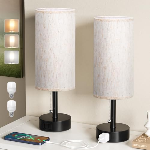 Fenmzee Bedside Table Lamps Set of 2-3 Color Temperatures Pull Chain Lamp with AC Outlet Charging Port, Small Round Night Stand Lamps for Bedroom Guest Room Office, Bed Side Light with E26 LED Bulbs by Fenmzee - Used condition - Image 7
