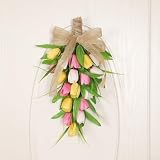Künstlicher Girlande, tropfenförmiger Kranz mit Juteschleife, 45 cm, künstliche Girlande für Frühlingstür, rustikale Blume zum Aufhängen für Veranda, Wanddekoration (gelb)