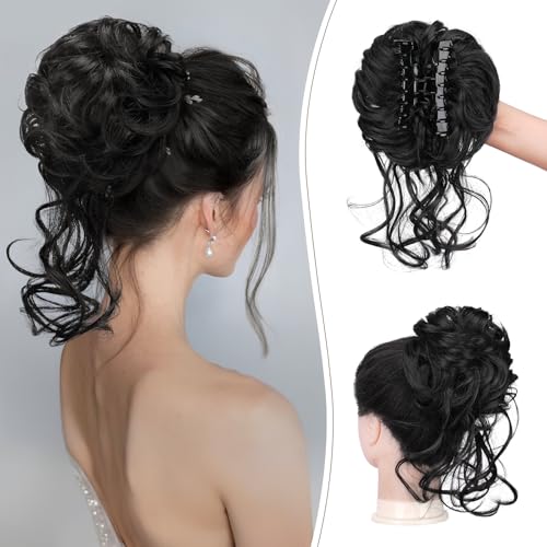 SOFEIYAN Claw Clip Messy Bun Hair Piece Curly Wavy Hair Bun Clip in Claw Chignon Ponytail Extensions Synthetic Tousled Updo with Tendrils Hairpieces Accessories Scrunchies for Women, Brown Black