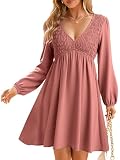 BerryGo Women's Casual Long Sleeve Babydoll Flowy Dress V Neck Swing Party Mini Dress with Pocket for Summer Beach 2025(Rust Red,Large)