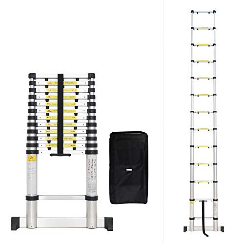 Todeco - Telescopic Ladder, Foldable Ladder - Maximum Load: 330 lbs - Number of Steps: 13-12.5 feet, USA, Extra Gap, Free Carry Bag, Stabilizing bar