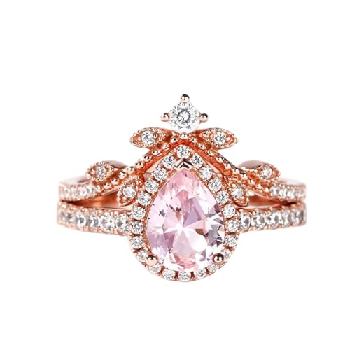 Image of Jeulia Engagement Rings Sterling Silver Halo Pear Cut Synthetic Pear Shape Natural Pink Rose Gold Diamond Bridal Set Halo Art Deco Wedding band Anniversary Promise Jewelry Crystal With Gift Box