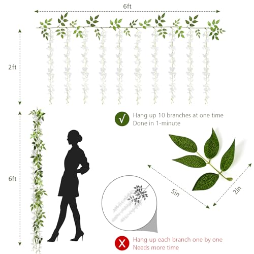 2 Pack 20 Branches Artificial Wisteria Hanging Flowers 6 Feet Wisteria Vine Silk Wisteria Flowers Garland for Wedding DIY Party Garden Home Decor (White)