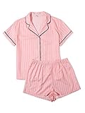 Floerns Women's Notch Collar Palm Leaf Print Sleepwear Two Piece Pajama Set Pink Stripe M