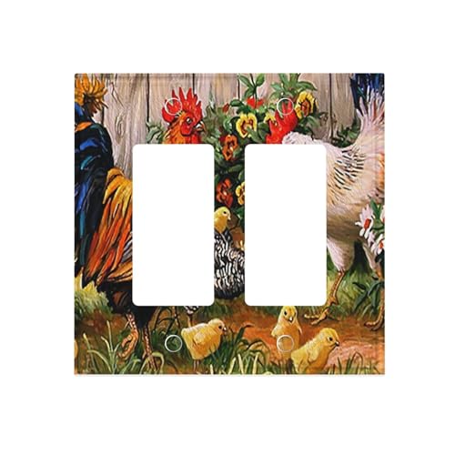 Farmhouse Chicken Rooster Decorative 2 Gang Double Rocker Light Switch Covers Electrical Cock Wall Plate Rustic Faceplate Switchcover for Bedroom Bathroom Living Room Home