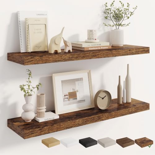 Dreamland 36 in Wall Mounted Wood Floating Shelves, Rustic Brown, 2 Pack