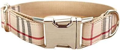 RC GearPro Nylon Adjustable Dog Collar Khaki Plaid Pattern Zinc Alloy Metal Easy to Use Buckle Dog Collar, Classic Pet Collar for Small Medium Large Dogs, L Neck 49-55cm