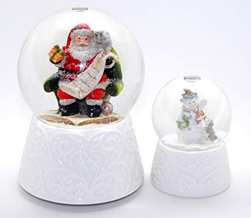 Minium Collection 2-89 x 85 x 2 superbes boules à neige de Noël avec socle en porcelaine blanche et boîte à musique Père Noël Is Coming to Town 100 mm + 65 mm de diamètre avec bulle d'air Cover